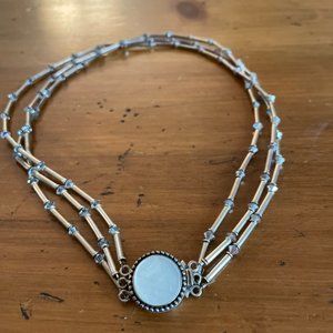 925 Silver Mother of Pearl Pendant, 3 Strand Choker, Rods & Blue Crystal Beads